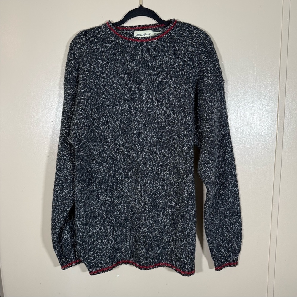 Men’s Vintage Eddie Bauer Wool Knit Crewneck Gray Holiday Sweater size Med